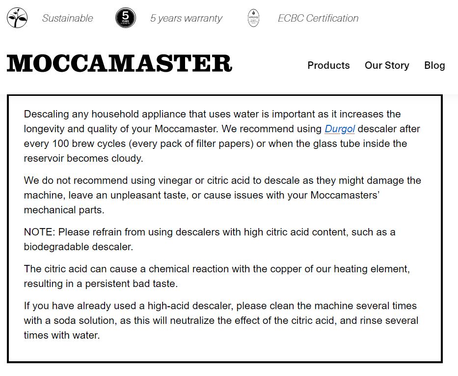 Moccamaster varoittaa käyttämästä sitruunahappoa laitteen puhdistamiseen