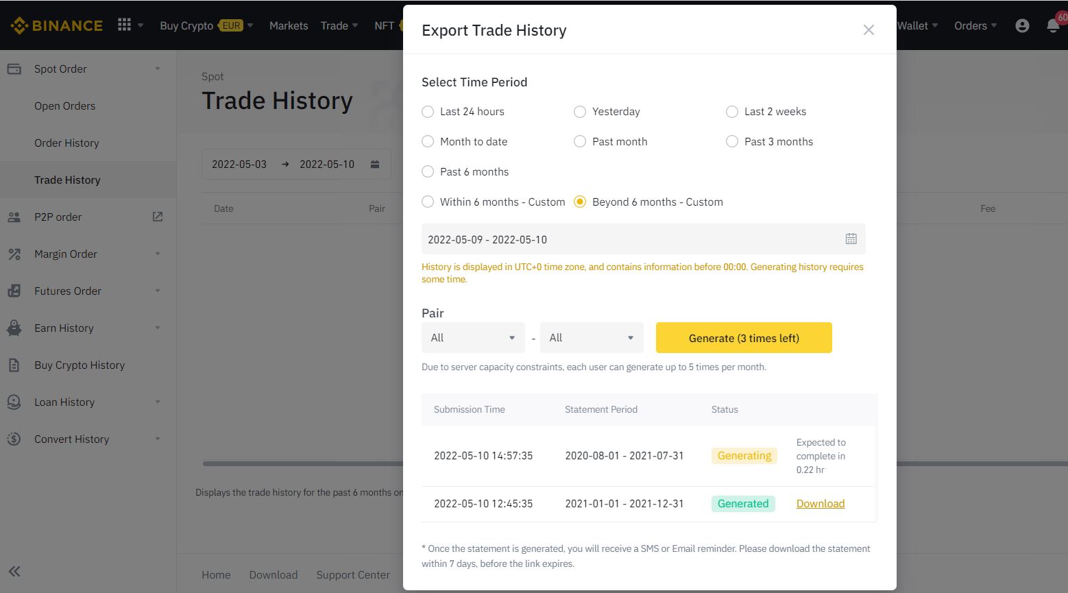 Virtuaalivaluuttojen kauppojen lataaminen (Binance)