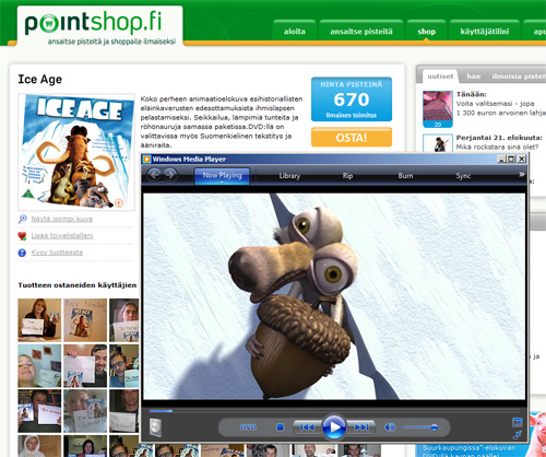 Pointshopista tilattu Ice Age -elokuva pyörimässä Windows Media Playerissa