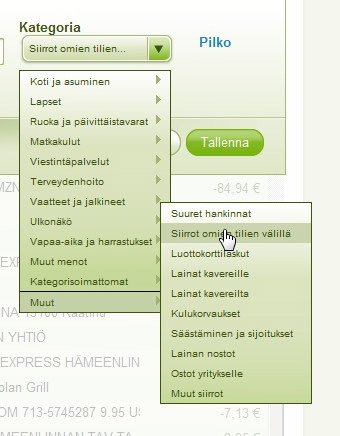 Kuva 6: Hyödyllinen kategoria: "Siirrot omien tilien välillä"