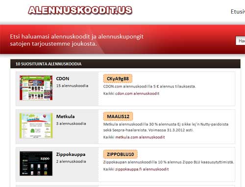 Alennuskoodit.us etusivu