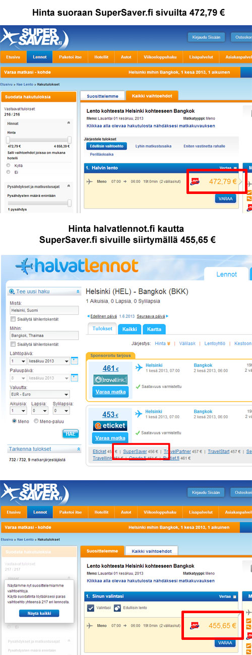SuperSaver.fi antaa eri hinnan lennoille eri kautta sivuille tultaessa