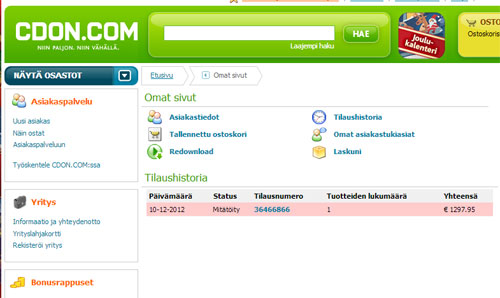 CDON tilaus mitätöity-tilassa