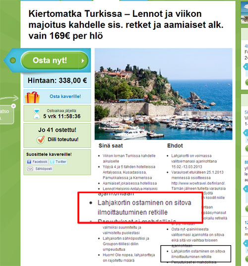 Grouponin matkalahjakortin pientä pränttiä