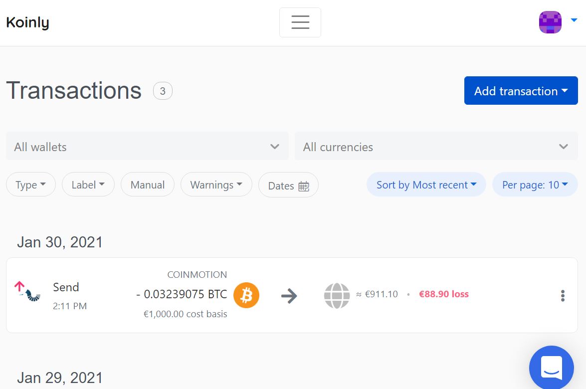 Koinly käyttöliittymä