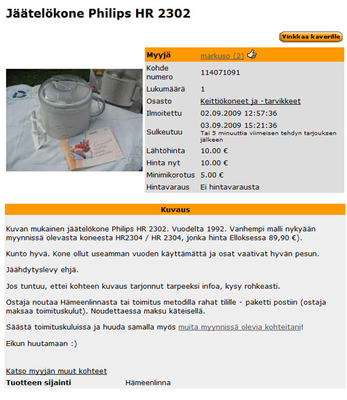 Myydään jäätelökone Philips HR 2302 - myynti-ilmoitukseni Huuto.net:ssä