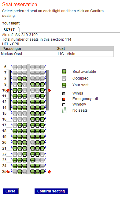 Istumapaikkojen valinta SAS:n online check in -järjestelmässä