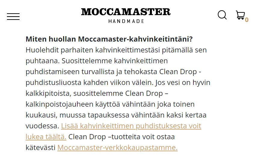 Moccamasterin suomalainen maahantuoja suosittelee kalkinpoistoon Clean Drop -kalkinpoistojauhetta