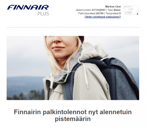 Finnair Plus -tarjousmaili