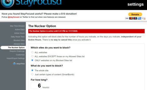 StayFocusd asetukset