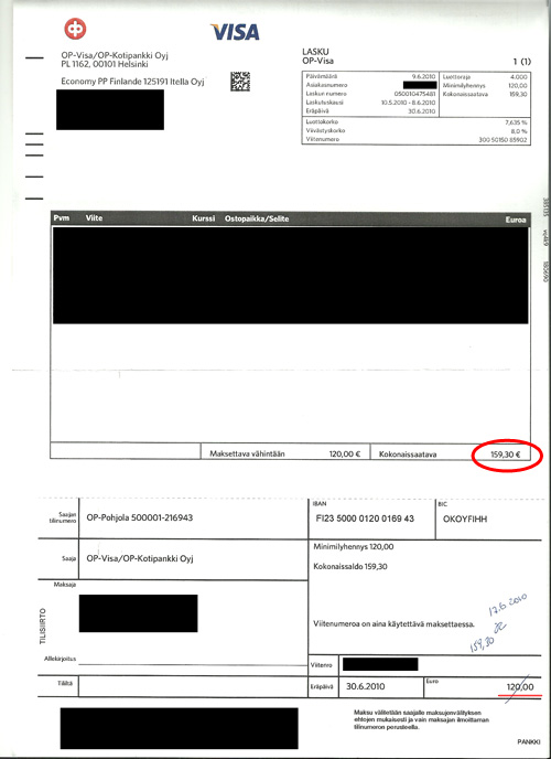 OP-Visan luottokorttilasku (kokonaissaatava ympyröity)