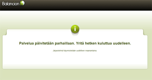 Ilmoitus päivityksestä Balancionin sisäänkirjautumissivulla