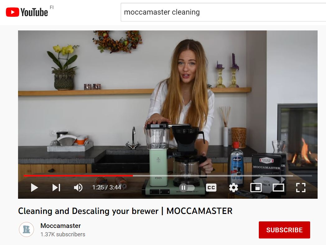 Moccamasterin oma ohjevideo Youtubessa